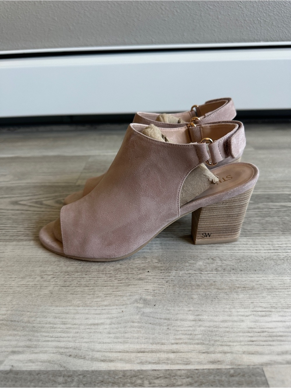 Stuart Weitzman Blush Suede Peep Toe Block Heeled Sandals 8.5 - Picture 4 of 14